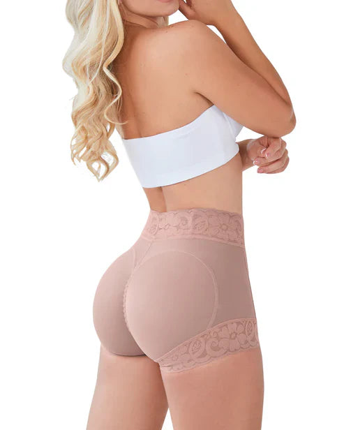 Lace butt lifter panty, sculpting and comfortable, nude color, front view.